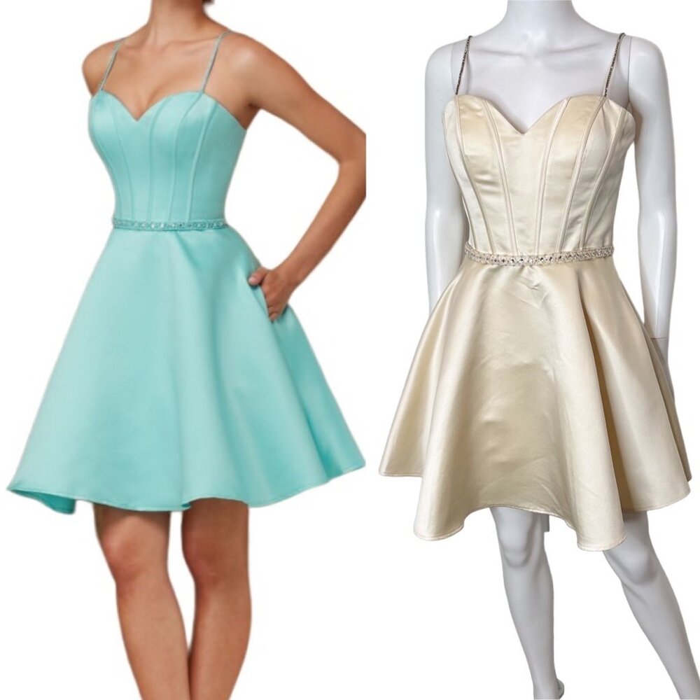 Mori Lee Madeline Gardner Sweetheart Neckline Satin Beaded Party Mini Dress Sz 6